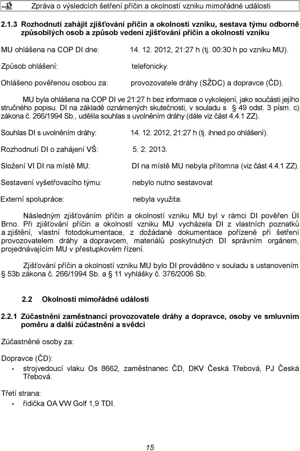 MU byla ohlášena na COP DI ve 21:27 h bez informace o vykolejení, jako součásti jejího stručného popisu. DI na základě oznámených skutečnosti, v souladu s 49 odst. 3 písm. c) zákona č. 266/1994 Sb.