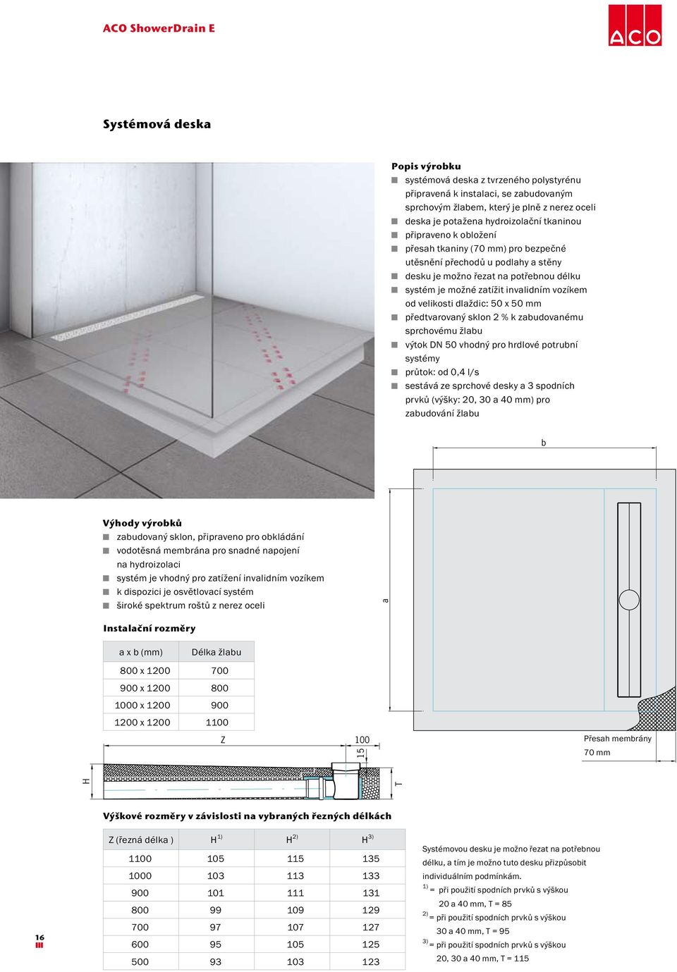 vozíkem od velikosti dlaždic: 50 x 50 mm předtvarovaný sklon 2 % k zabudovanému sprchovému žlabu výtok DN 50 vhodný pro hrdlové potrubní systémy průtok: od 0,4 l/s sestává ze sprchové desky a 3