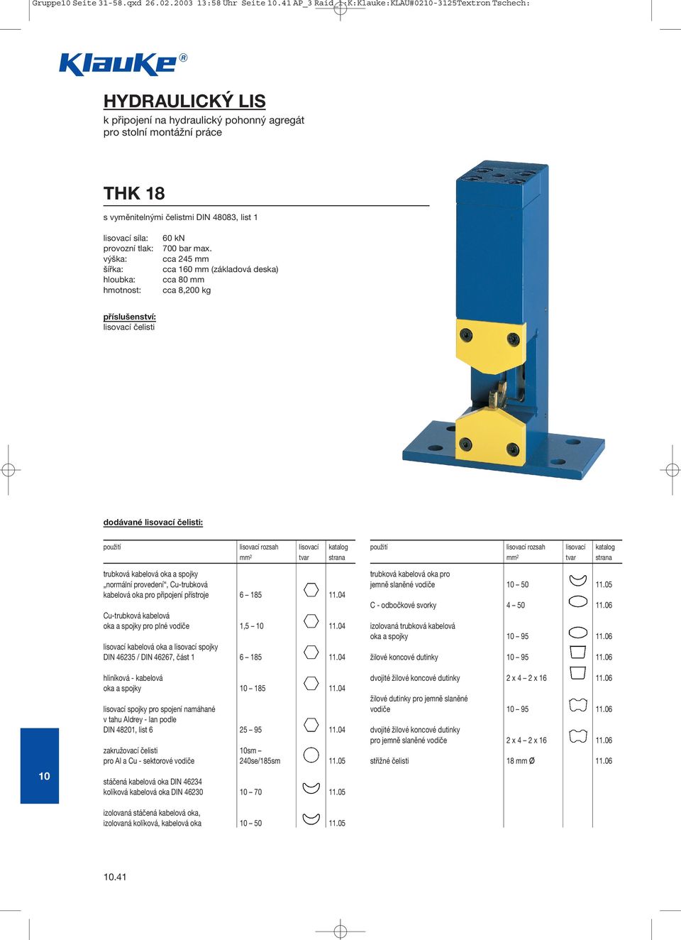 síla: provozní tlak: výška: šířka: hloubka: 60 kn 700 bar max.