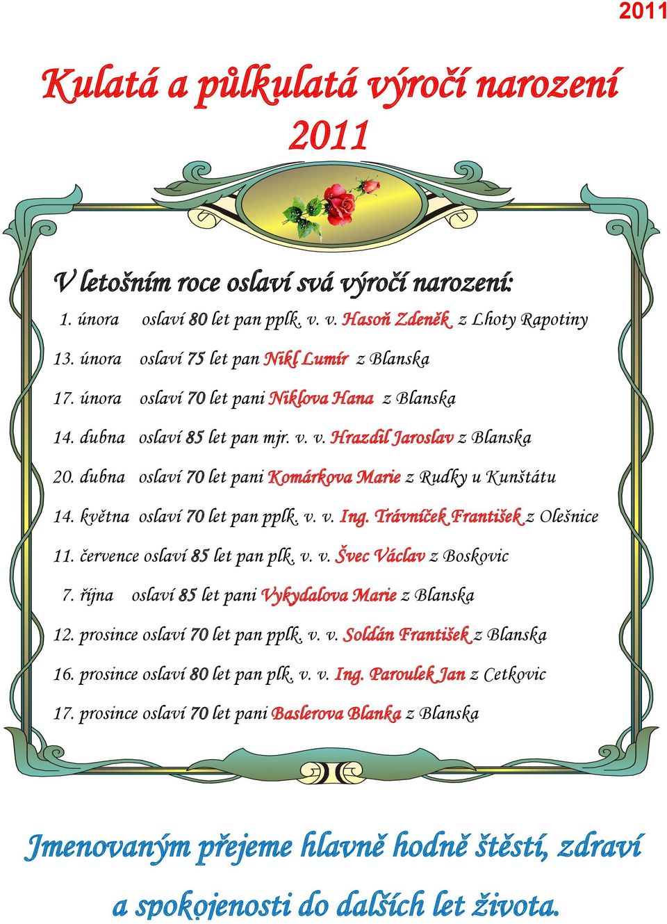 dubna oslaví 70 let pani Komárkova Marie z Rudky u Kunštátu 14. května oslaví 70 let pan pplk. v. v. Ing. Trávníček František z Olešnice 11. července oslaví 85 let pan plk. v. v. Švec Václav z Boskovic 7.