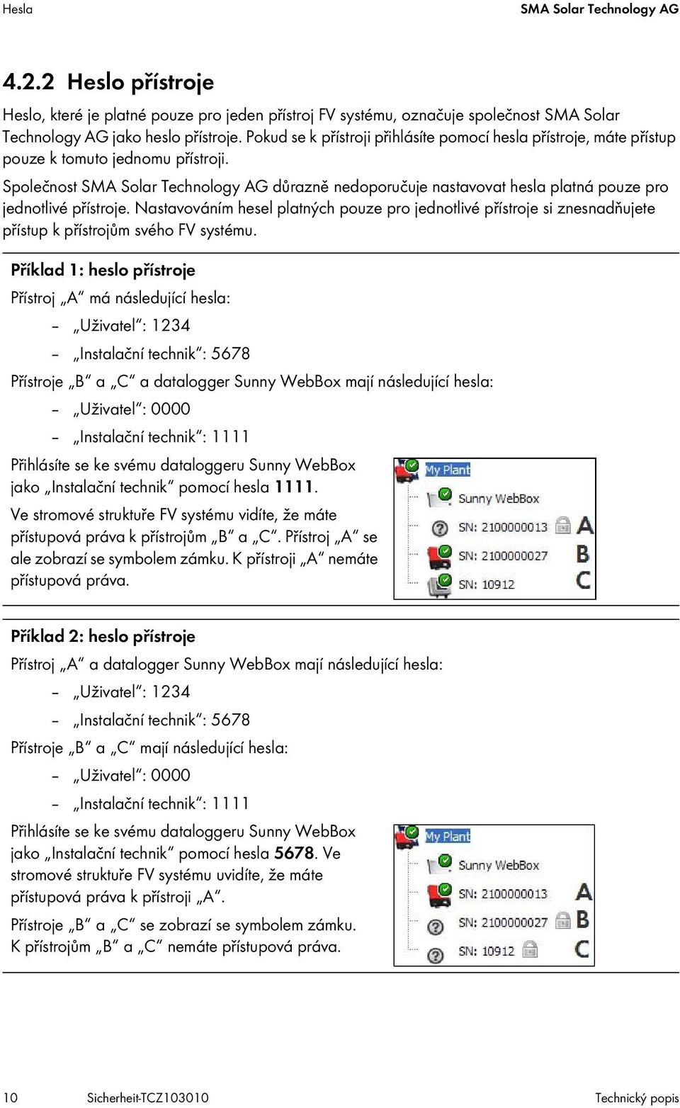 Společnost SMA Solar Technology AG důrazně nedoporučuje nastavovat hesla platná pouze pro jednotlivé přístroje.