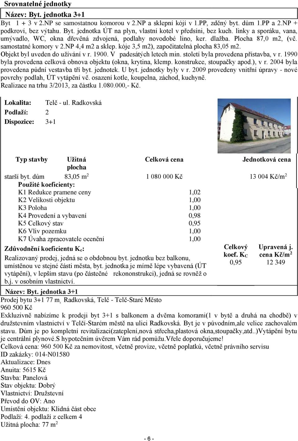 kóje 3,5 m2), započitatelná plocha 83,05 m2. Objekt byl uveden do užívání v r. 1900. V padesátých letech min. století byla provedena přístavba, v r.