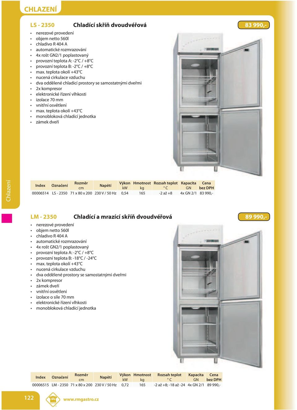 teplota okolí +43 C monobloková chladící jednotka zámek dveří Výkon Hmotnost Rozsah teplot Kapacita Cena C GN bez DPH 00006514 LS - 2350 71 x 80 x 200 230 V / 50 Hz 0,54 165-2 až +8 4x GN 2/1 83