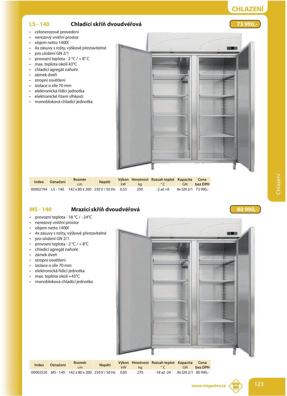 Rozsah teplot Kapacita Cena C GN bez DPH 00002194 LS - 140 142 x 80 x 200 230 V / 50 Hz 0,53 250-2 až +8 8x GN 2/1 73 990,- MS - 140 Mrazící skříň dvoudvéřová 80 990,- provozní teplota - 18 C / - 24