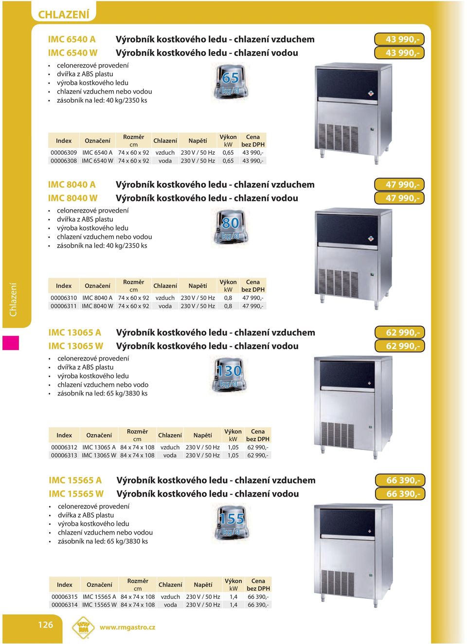 ledu - chlazení vodou 47 990,- zásobník na led: 40 kg/2350 ks 80 00006310 IMC 8040 A 74 x 60 x 92 vzduch 230 V / 50 Hz 0,8 47 990,- 00006311 IMC 8040 W 74 x 60 x 92 voda 230 V / 50 Hz 0,8 47 990,-