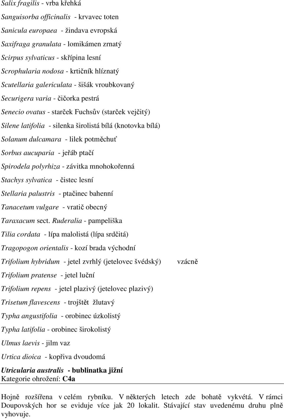 (knotovka bílá) Solanum dulcamara - lilek potměchuť Sorbus aucuparia - jeřáb ptačí Spirodela polyrhiza - závitka mnohokořenná Stachys sylvatica - čistec lesní Stellaria palustris - ptačinec bahenní