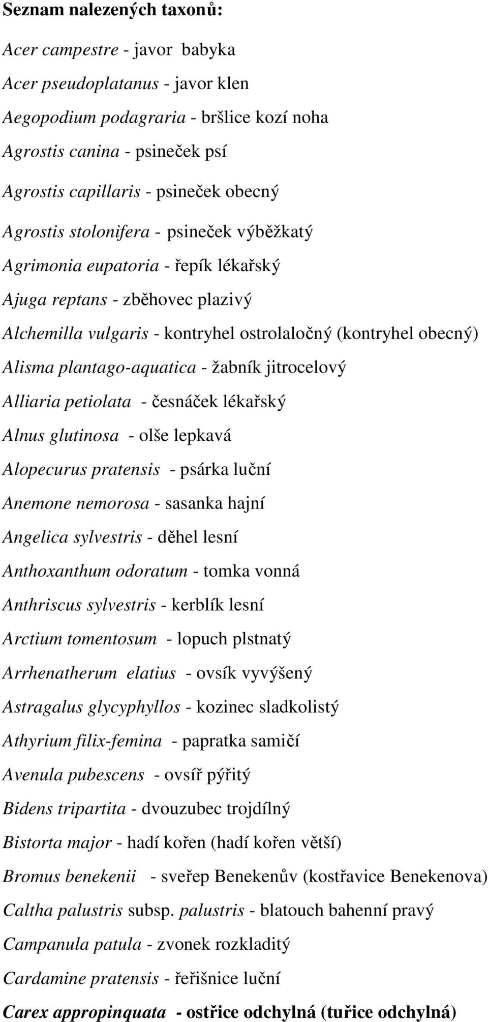 plantago-aquatica - žabník jitrocelový Alliaria petiolata - česnáček lékařský Alnus glutinosa - olše lepkavá Alopecurus pratensis - psárka luční Anemone nemorosa - sasanka hajní Angelica sylvestris -