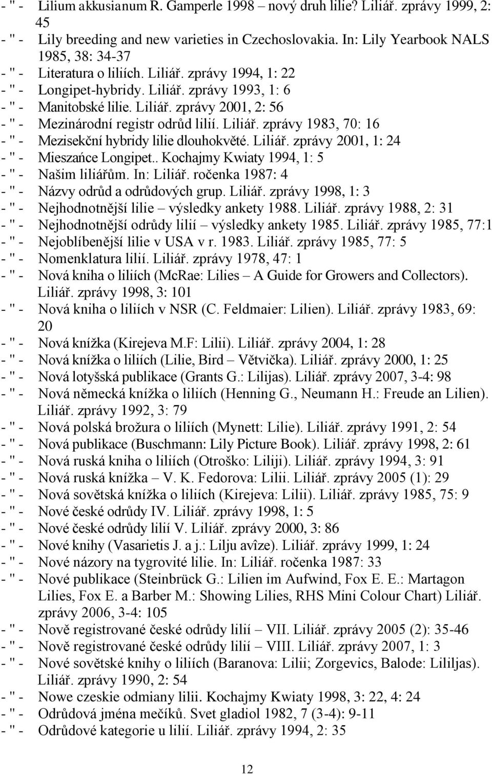 Liliář. zprávy 1983, 70: 16 - '' - Mezisekční hybridy lilie dlouhokvěté. Liliář. zprávy 2001, 1: 24 - '' - Mieszańce Longipet.. Kochajmy Kwiaty 1994, 1: 5 - '' - Našim liliářům. In: Liliář.