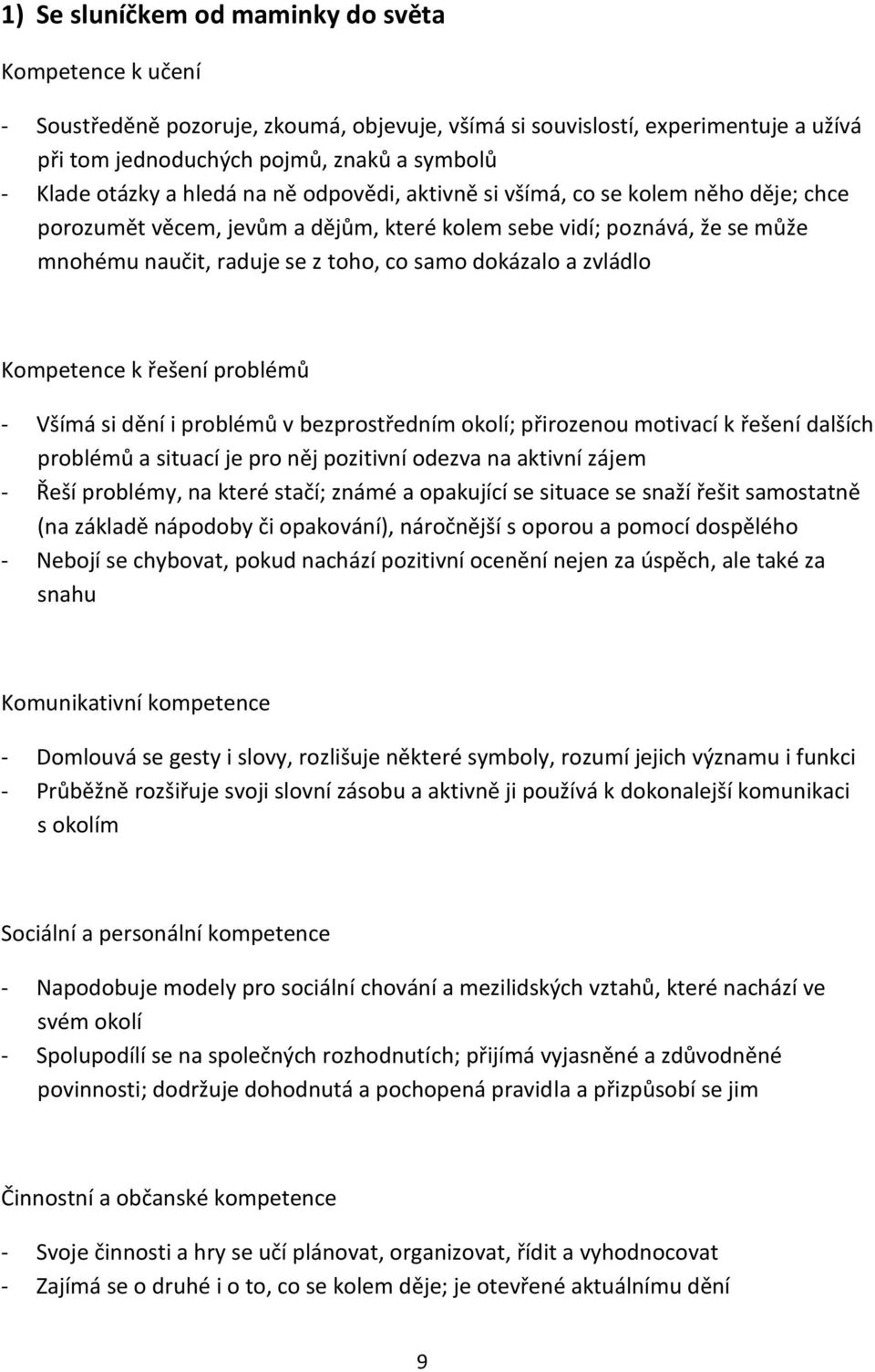 zvládlo Kompetence k řešení problémů - Všímá si dění i problémů v bezprostředním okolí; přirozenou motivací k řešení dalších problémů a situací je pro něj pozitivní odezva na aktivní zájem - Řeší