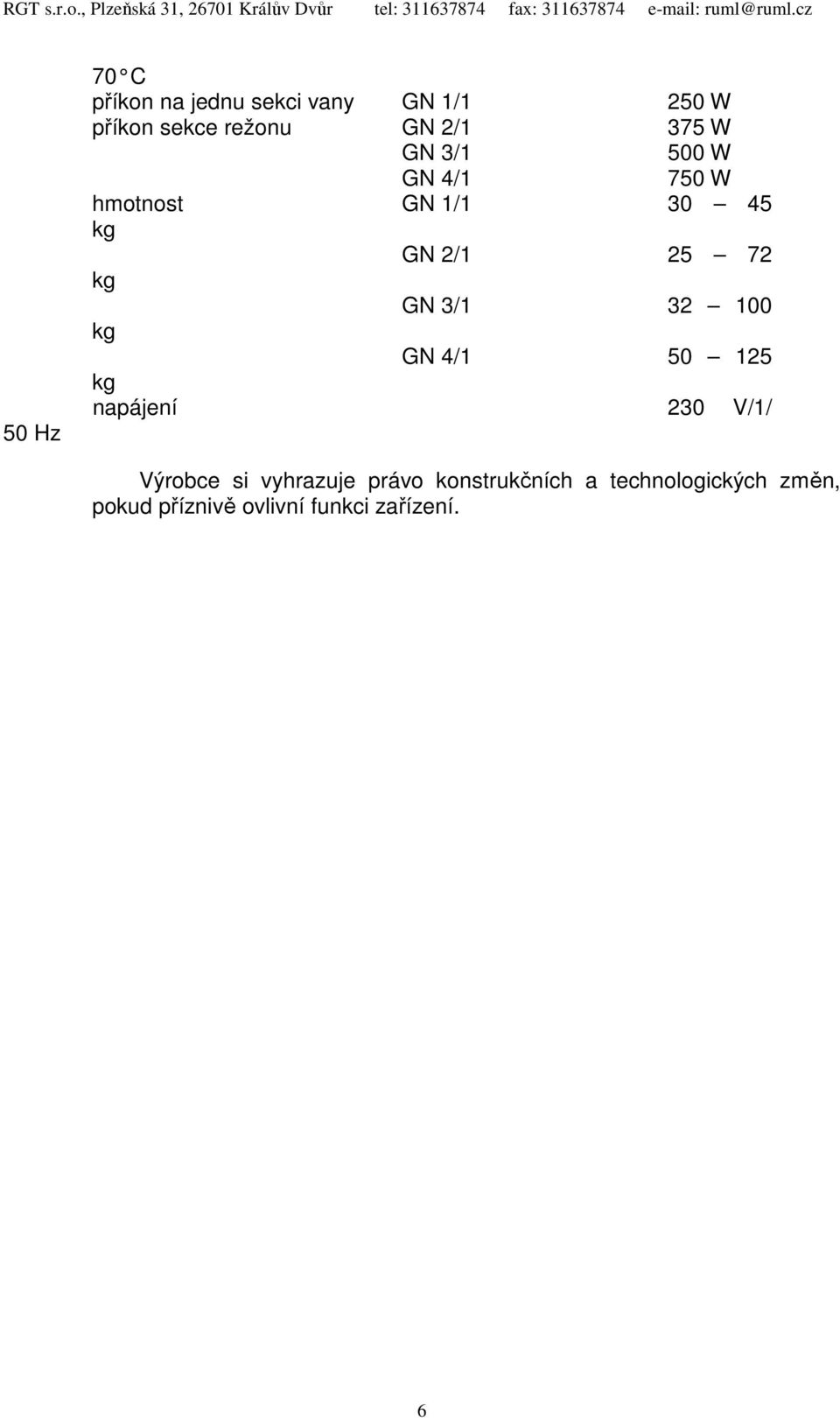 3/1 32 100 kg GN 4/1 50 125 kg napájení 230 V/1/ Výrobce si vyhrazuje právo