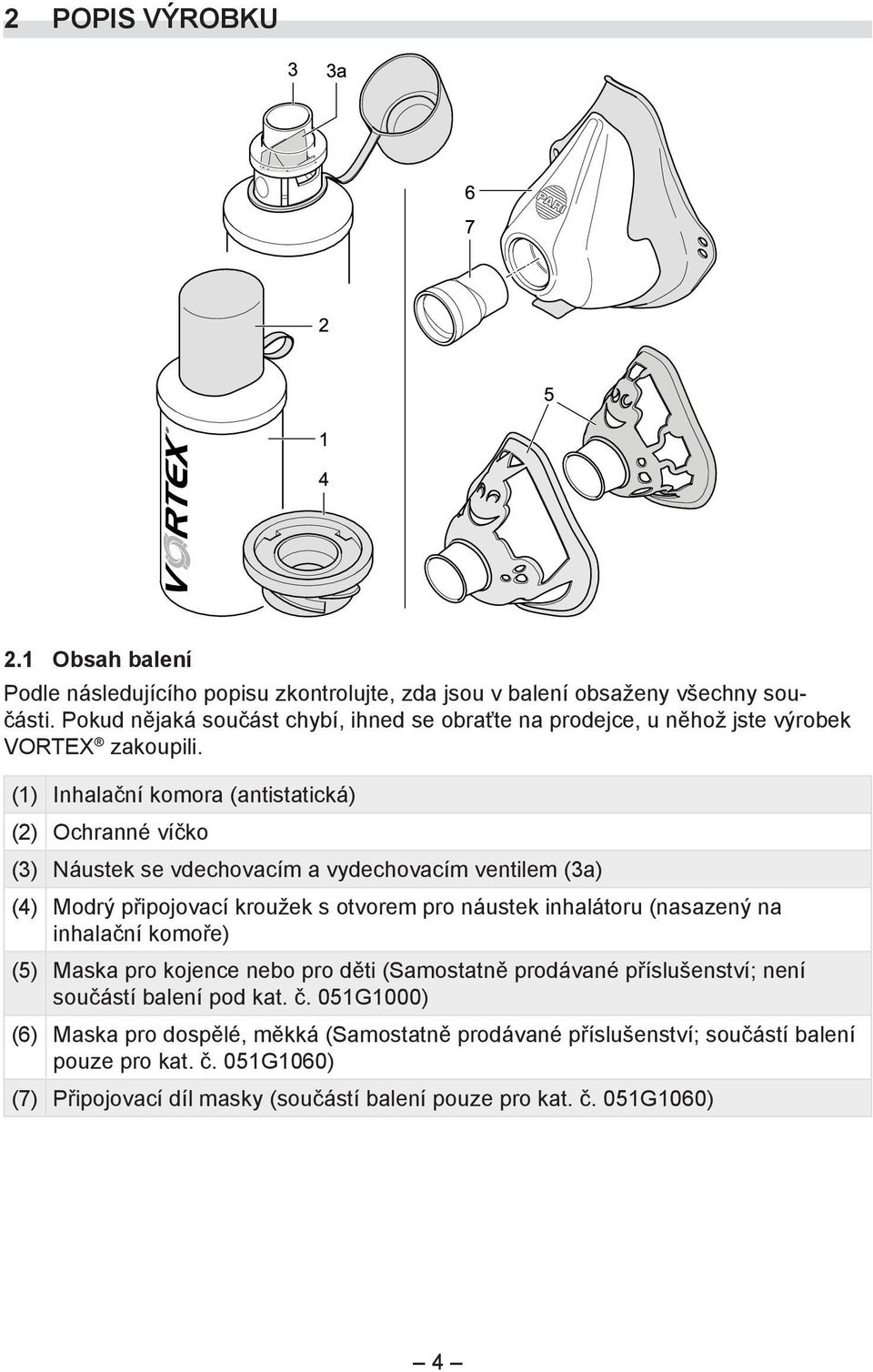 (1) Inhalační komora (antistatická) (2) Ochranné víčko (3) Náustek se vdechovacím a vydechovacím ventilem (3a) (4) Modrý připojovací kroužek s otvorem pro náustek inhalátoru