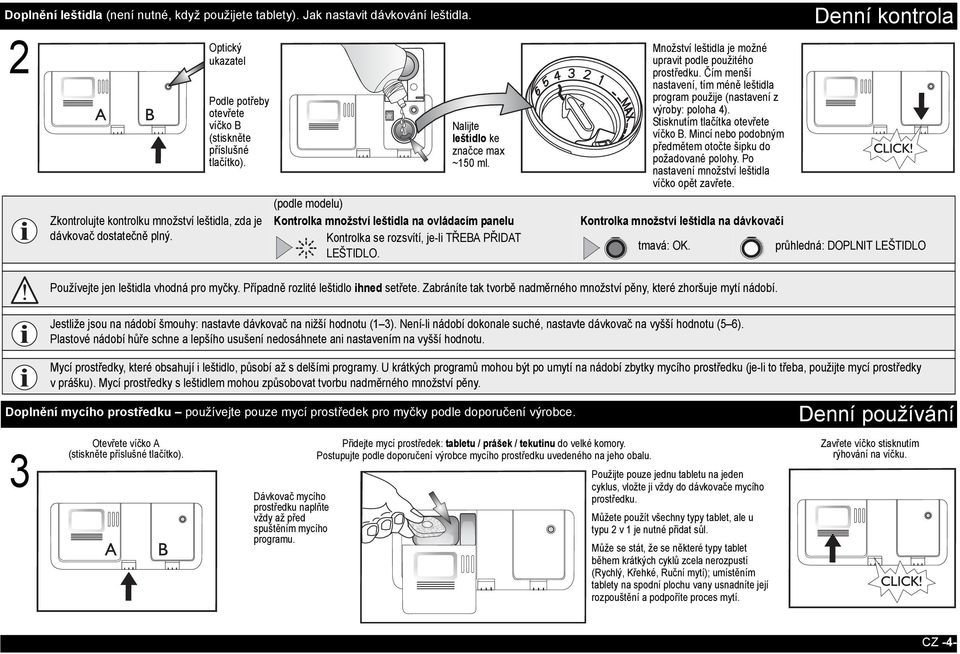 (podle modelu) Kontrolka množství leštidla na ovládacím panelu Kontrolka se rozsvítí, je-li TŘEBA PŘIDAT LEŠTIDLO. Množství leštidla je možné upravit podle použitého prostředku.