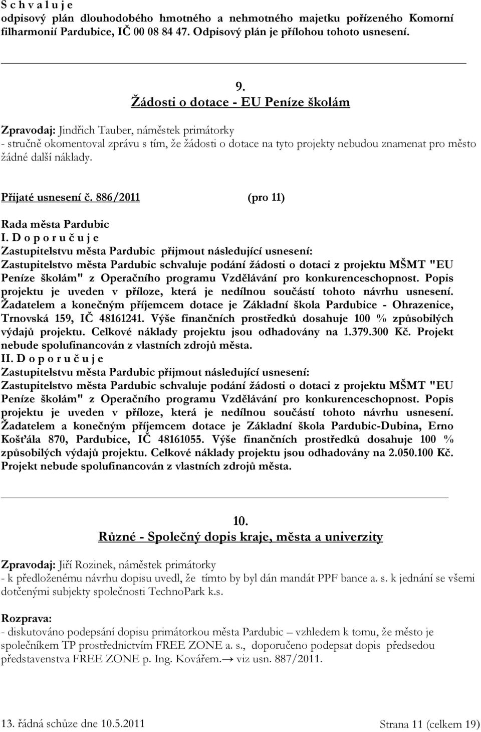 náklady. Přijaté usnesení č. 886/2011 (pro 11) I.