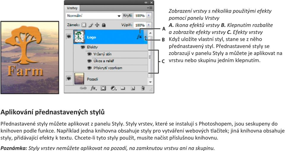 Aplikování přednastavených stylů Přednastavené styly můžete aplikovat z panelu Styly. Styly vrstev, které se instalují s Photoshopem, jsou seskupeny do knihoven podle funkce.