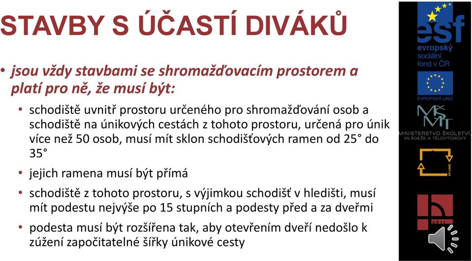 ramen od 25 do 35 jejich ramena musí být přímá schodiště z tohoto prostoru, s výjimkou schodišť v hledišti, musí mít podestu nejvýše po