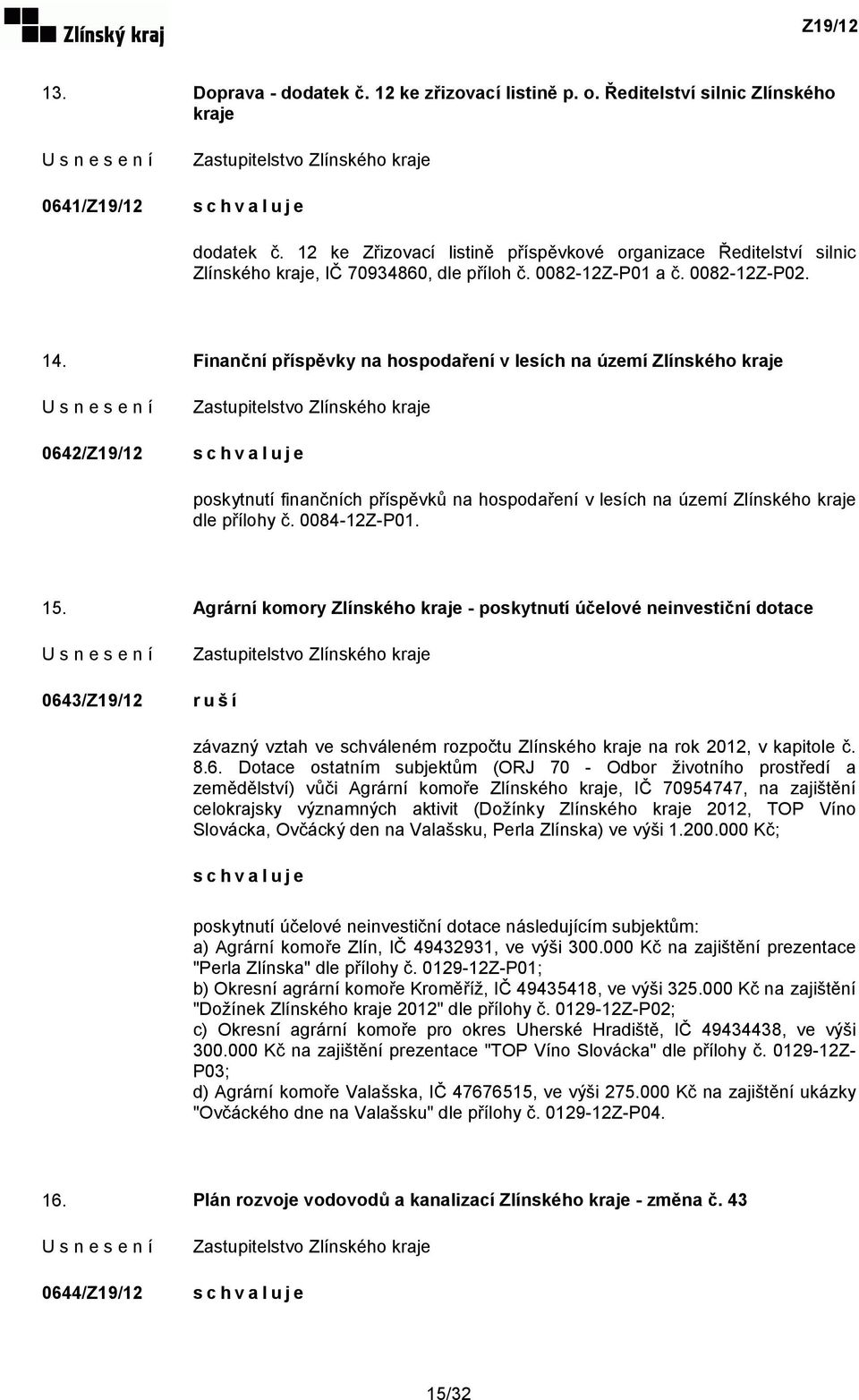 Finanční příspěvky na hospodaření v lesích na území Zlínského kraje 0642/Z19/12 poskytnutí finančních příspěvků na hospodaření v lesích na území Zlínského kraje dle přílohy č. 0084-12Z-P01. 15.