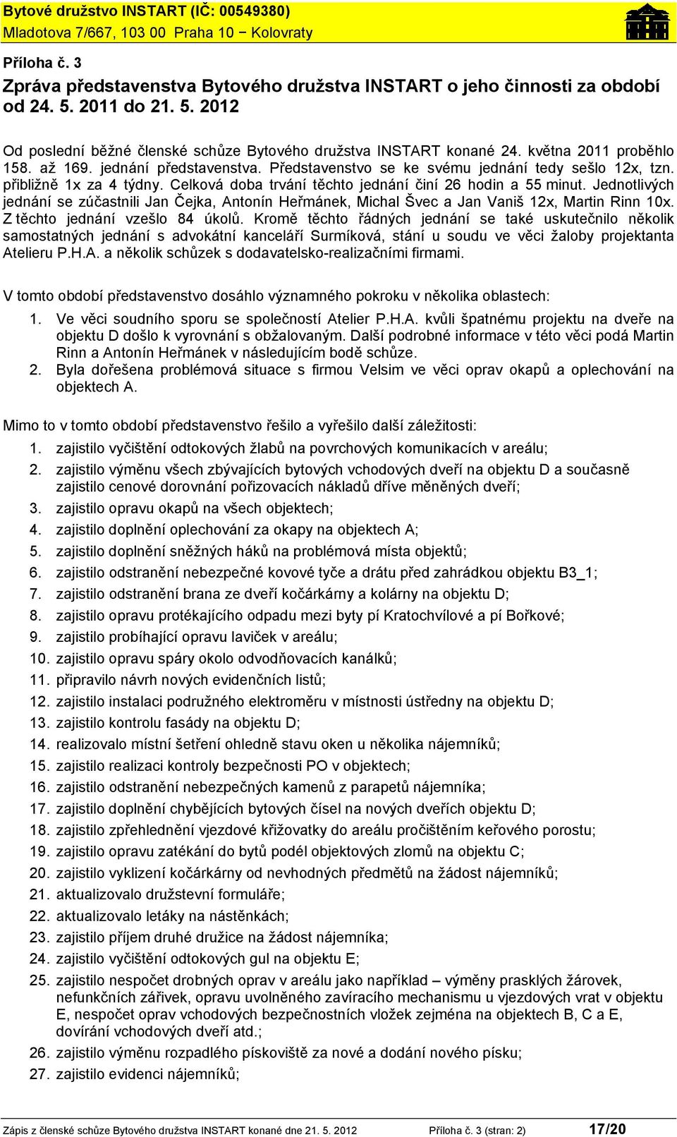 Jednotlivých jednání se zúčastnili Jan Čejka, Antonín Heřmánek, Michal Švec a Jan Vaniš 12x, Martin Rinn 10x. Z těchto jednání vzešlo 84 úkolů.