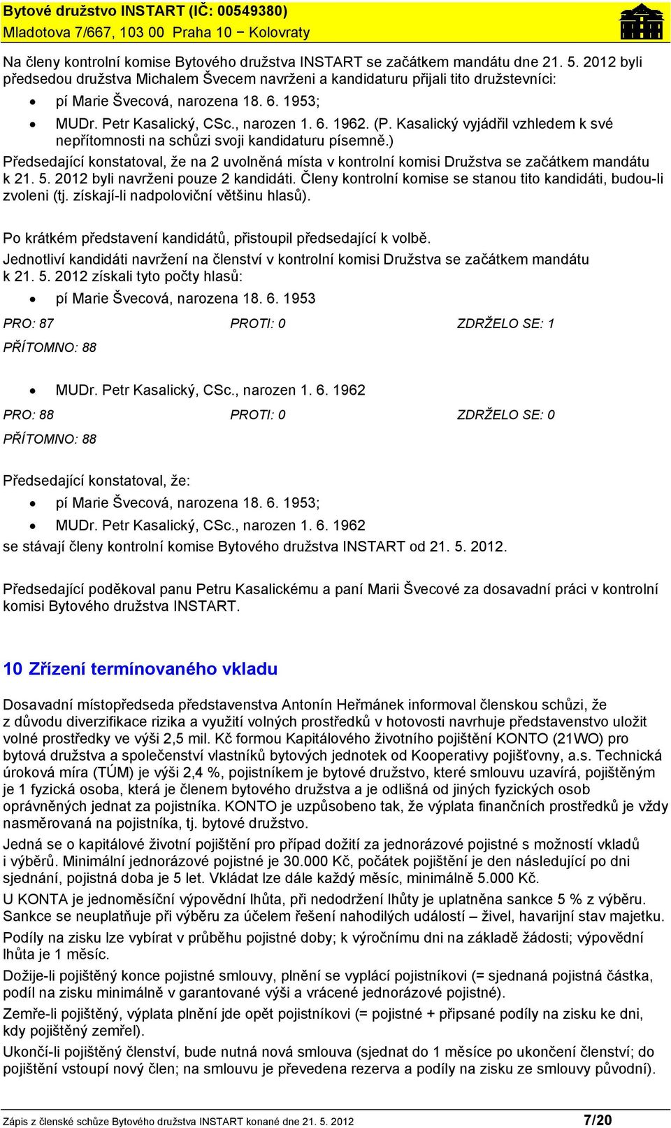 Kasalický vyjádřil vzhledem k své nepřítomnosti na schůzi svoji kandidaturu písemně.) Předsedající konstatoval, že na 2 uvolněná místa v kontrolní komisi Družstva se začátkem mandátu k 21. 5.