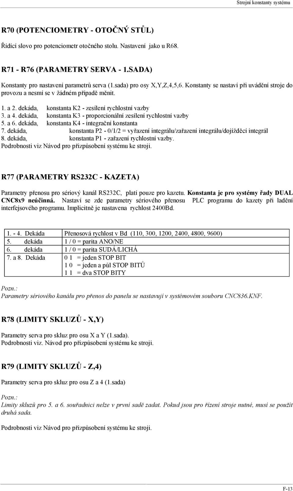 dekáda, konstanta K2 - zesílení rychlostní vazby 3. a 4. dekáda, konstanta K3 - proporcionální zesílení rychlostní vazby 5. a 6. dekáda, konstanta K4 - integrační konstanta 7.