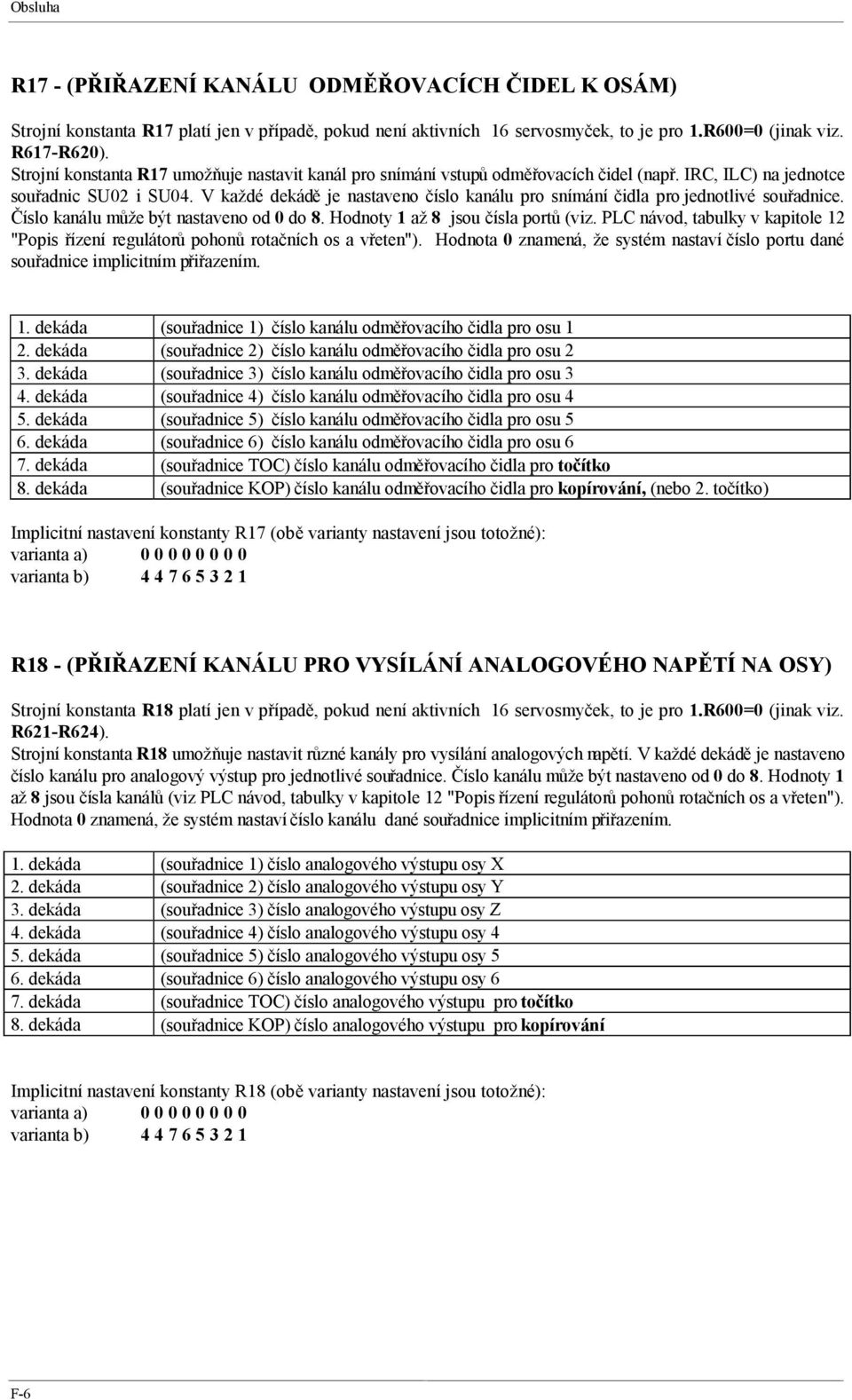 V každé dekádě je nastaveno číslo kanálu pro snímání čidla pro jednotlivé souřadnice. Číslo kanálu může být nastaveno od 0 do 8. Hodnoty 1 až 8 jsou čísla portů (viz.