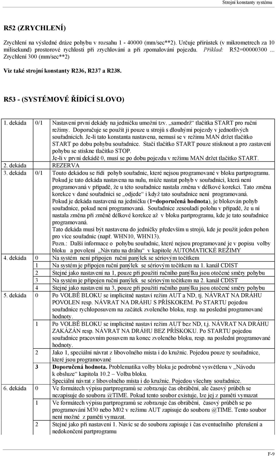 .. Zrychlení 300 (mm/sec**2) Viz také strojní konstanty R236, R237 a R238. R53 - (SYSTÉMOVÉ ŘÍDÍCÍ SLOVO) 1. dekáda 0/1 Nastavení první dekády na jedničku umožní tzv.