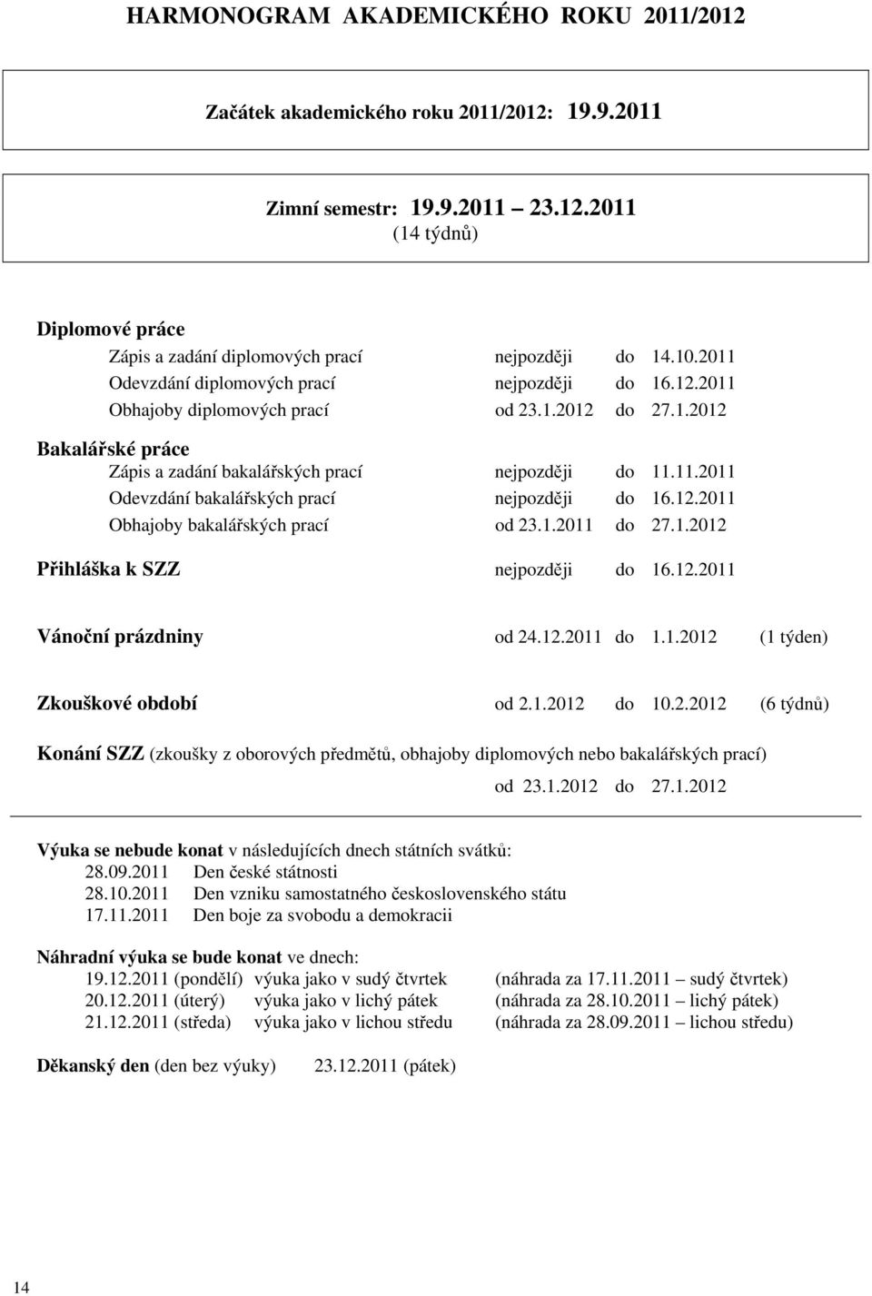 12.2011 Obhajoby bakalářských prací od 23.1.2011 do 27.1.2012 Přihláška k SZZ nejpozději do 16.12.2011 Vánoční prázdniny od 24.12.2011 do 1.1.2012 (1 týden) Zkouškové období od 2.1.2012 do 10.2.2012 (6 týdnů) Konání SZZ (zkoušky z oborových předmětů, obhajoby diplomových nebo bakalářských prací) od 23.