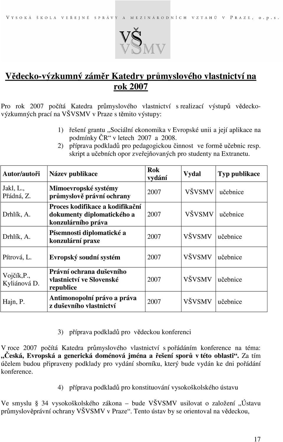 skript a učebních opor zveřejňovaných pro studenty na Extranetu. Autor/autoři Jakl, L., Přádná, Z. Drhlík, A.