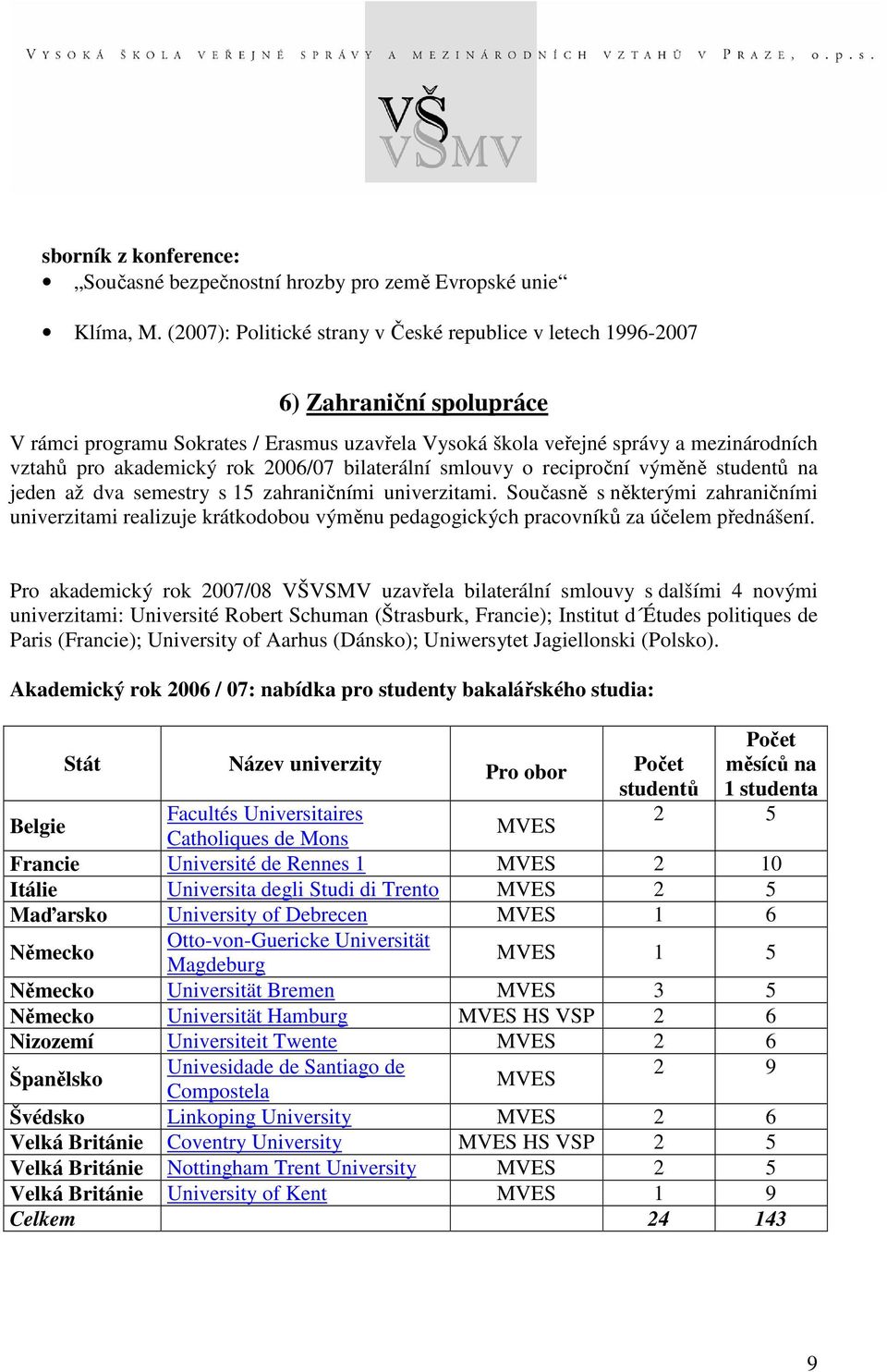 rok 2006/07 bilaterální smlouvy o reciproční výměně studentů na jeden až dva semestry s 15 zahraničními univerzitami.