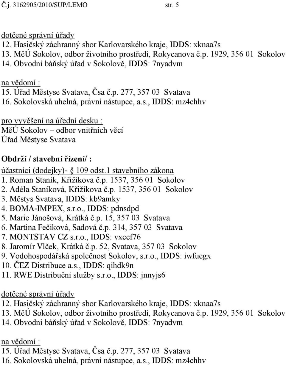 1 stavebního zákona 1. Roman Staník, Křižíkova č.p. 1537, 356 01 Sokolov 2. Adéla Staníková, Křižíkova č.p. 1537, 356 01 Sokolov 3. Městys Svatava, IDDS: kb9amky 4. BOMA-IMPEX, s.r.o., IDDS: pdnsdpd 5.