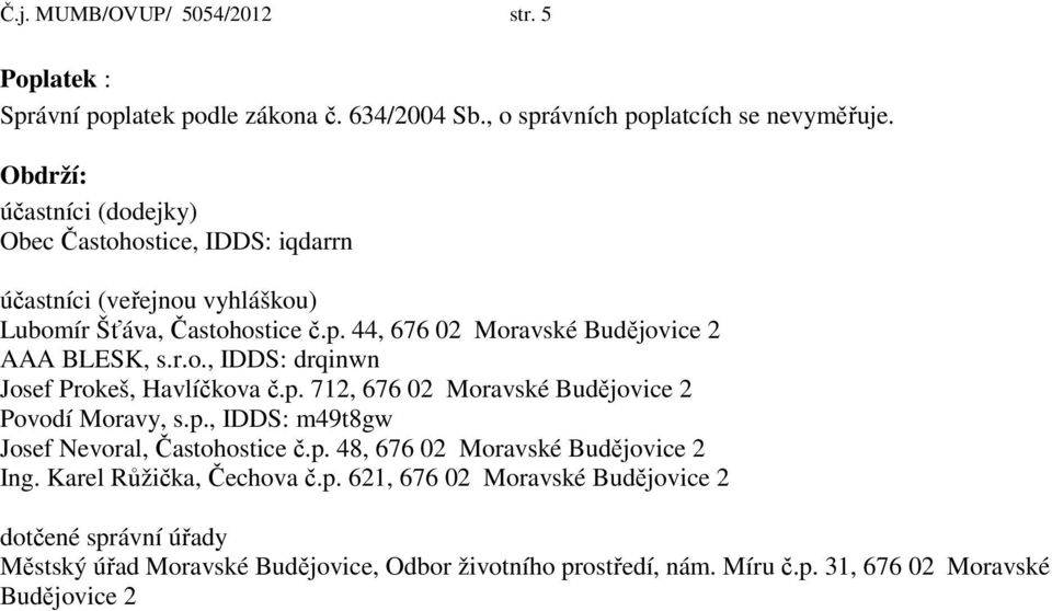 r.o., IDDS: drqinwn Josef Prokeš, Havlíčkova č.p. 712, 676 02 Moravské Budějovice 2 Povodí Moravy, s.p., IDDS: m49t8gw Josef Nevoral, Častohostice č.p. 48, 676 02 Moravské Budějovice 2 Ing.