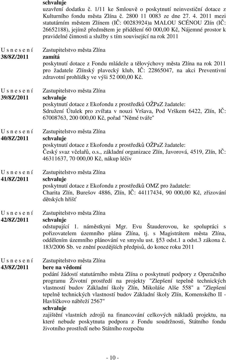 rok 2011 38/8Z/2011 39/8Z/2011 40/8Z/2011 41/8Z/2011 42/8Z/2011 43/8Z/2011 zamítá poskytnutí dotace z Fondu mládeže a tělovýchovy města Zlína na rok 2011 pro žadatele Zlínský plavecký klub, IČ: