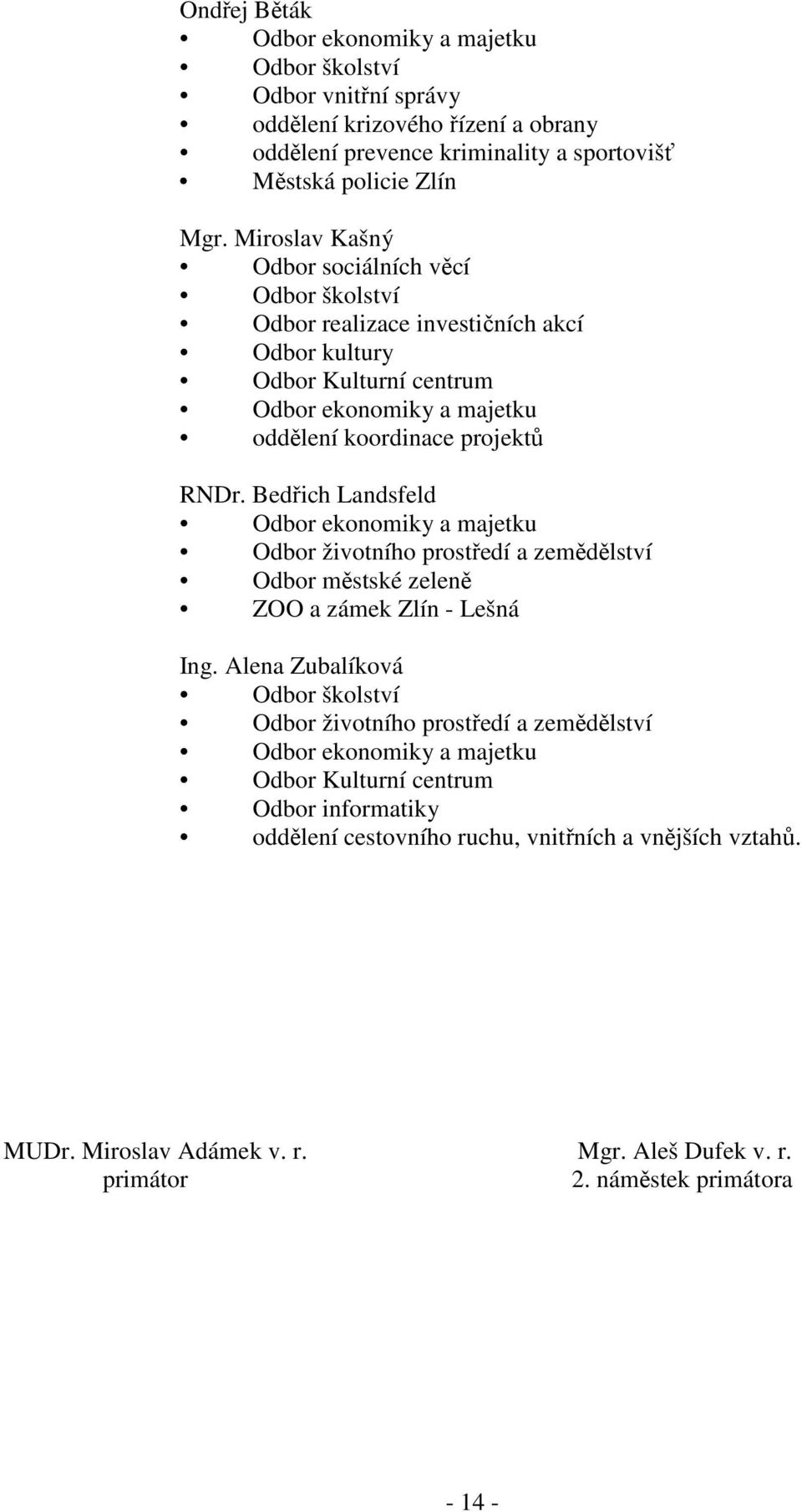 Bedřich Landsfeld Odbor ekonomiky a majetku Odbor životního prostředí a zemědělství Odbor městské zeleně ZOO a zámek Zlín - Lešná Ing.