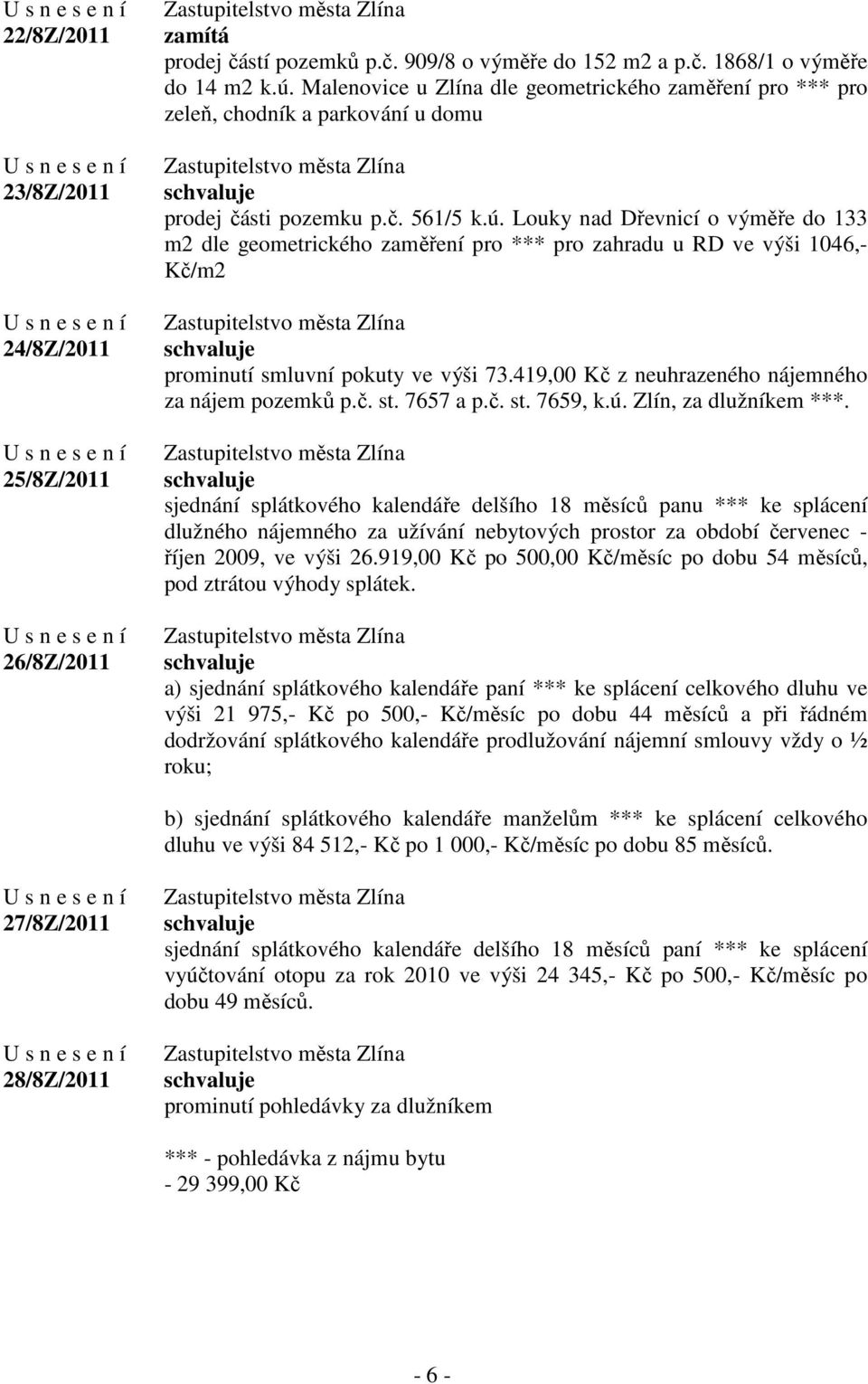 Louky nad Dřevnicí o výměře do 133 m2 dle geometrického zaměření pro *** pro zahradu u RD ve výši 1046,- Kč/m2 prominutí smluvní pokuty ve výši 73.