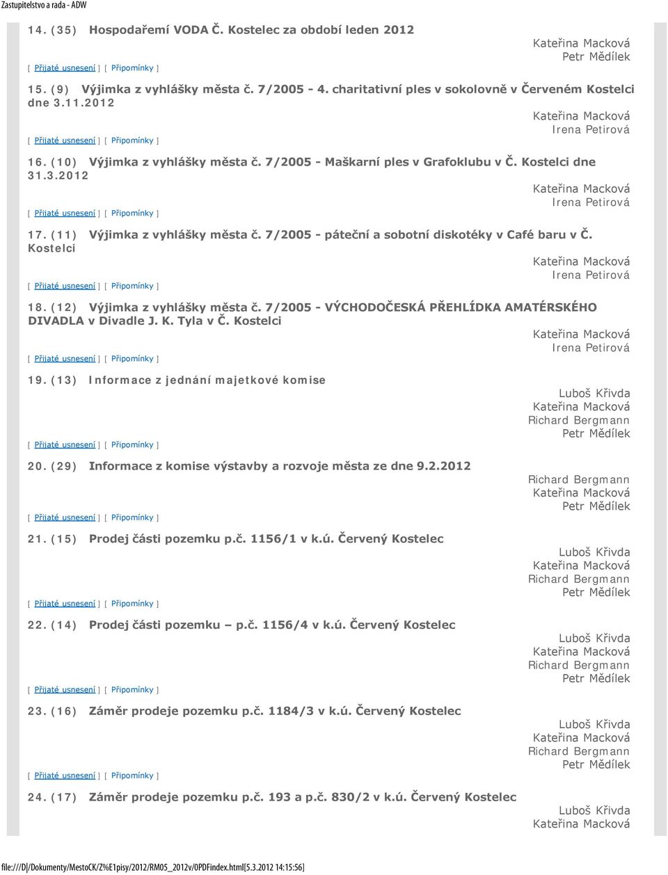 7/2005 - páteční a sobotní diskotéky v Café baru v Č. Irena Petirová 18. (12) Výjimka z vyhlášky města č. 7/2005 - VÝCHODOČESKÁ PŘEHLÍDKA AMATÉRSKÉHO DIVADLA v Divadle J. K. Tyla v Č.