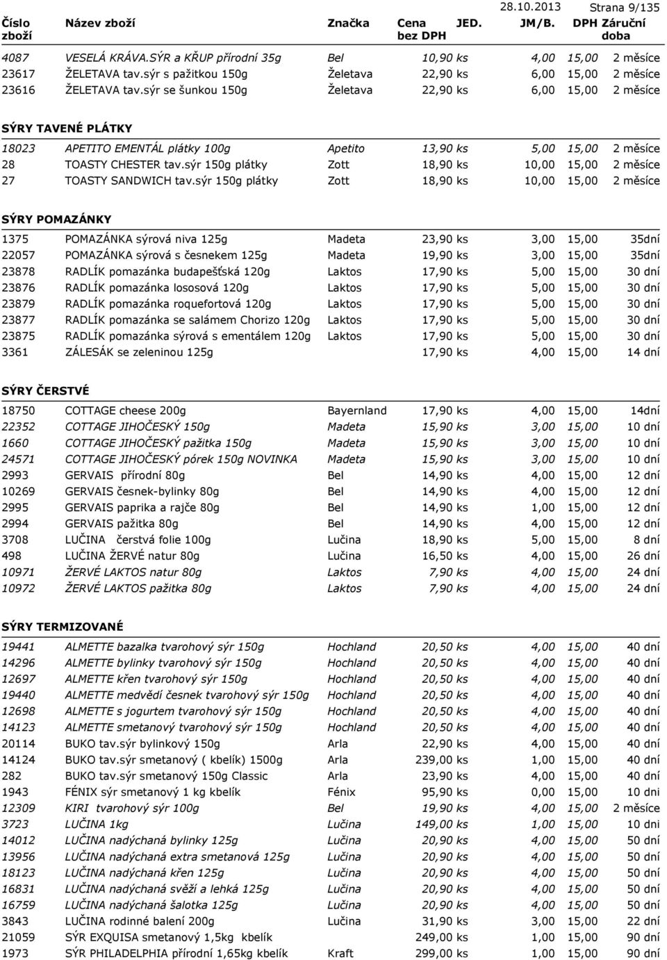 sýr 150g plátky Zott 18,90 ks 1 SÝRY POMAZÁNKY 1375 POMAZÁNKA sýrová niva 125g Madeta 23,90 ks 3,00 22057 POMAZÁNKA sýrová s česnekem 125g Madeta 19,90 ks 3,00 23878 RADLÍK pomazánka budapešťská 120g