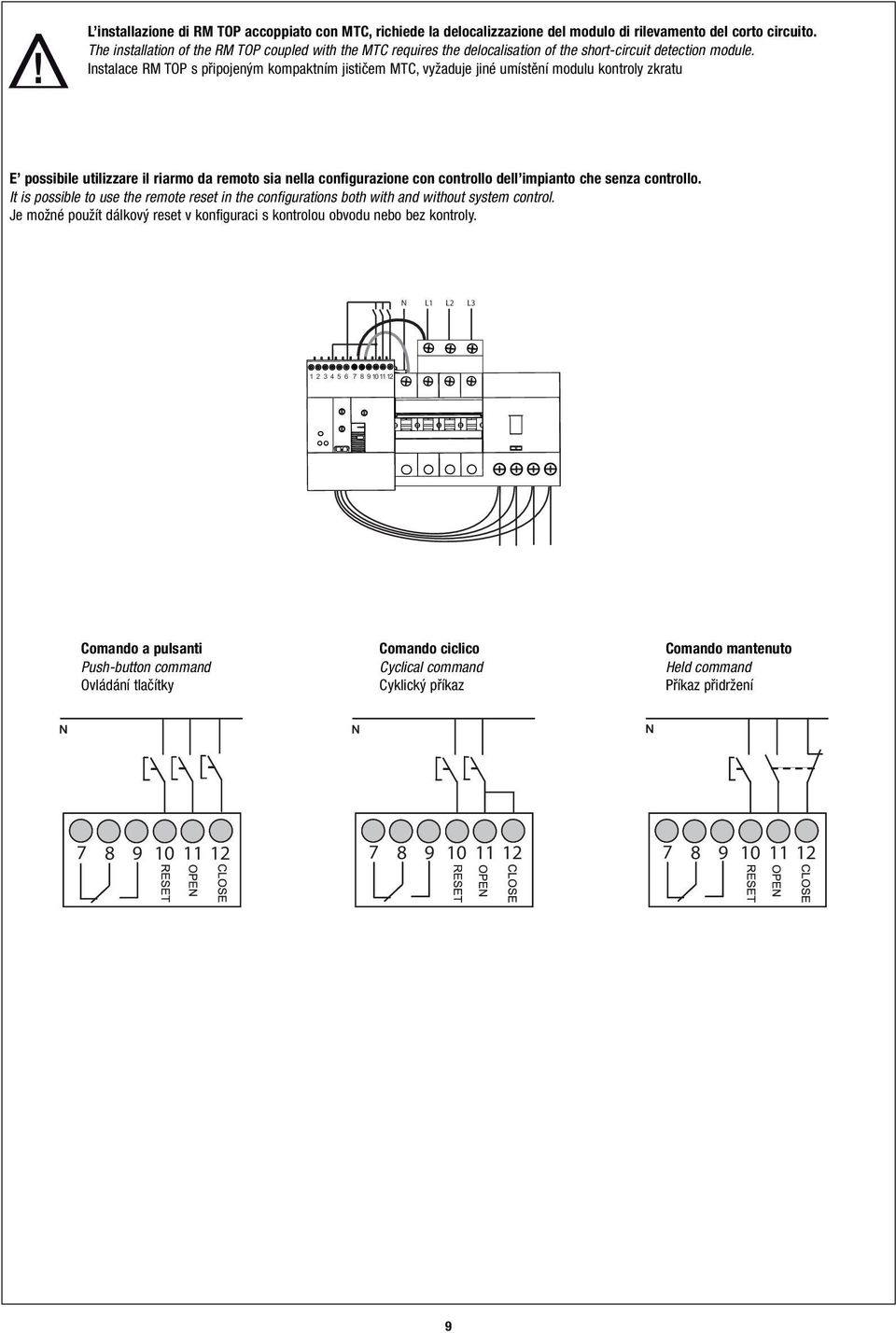 Instalace M TOP s připojeným kompaktním jističem MTC, vyžaduje jiné umístění modulu kontroly zkratu E possibile utilizzare il riarmo da remoto sia nella configurazione con controllo dell impianto che