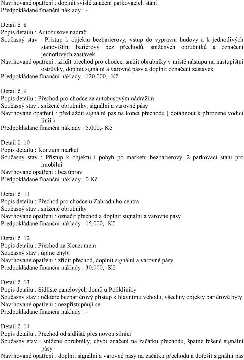 jednotlivých zastávek Navrhované opatření : zřídit přechod pro chodce, snížit obrubníky v místě nástupu na nástupištní ostrůvky, doplnit signální a varovné pásy a doplnit označení zastávek