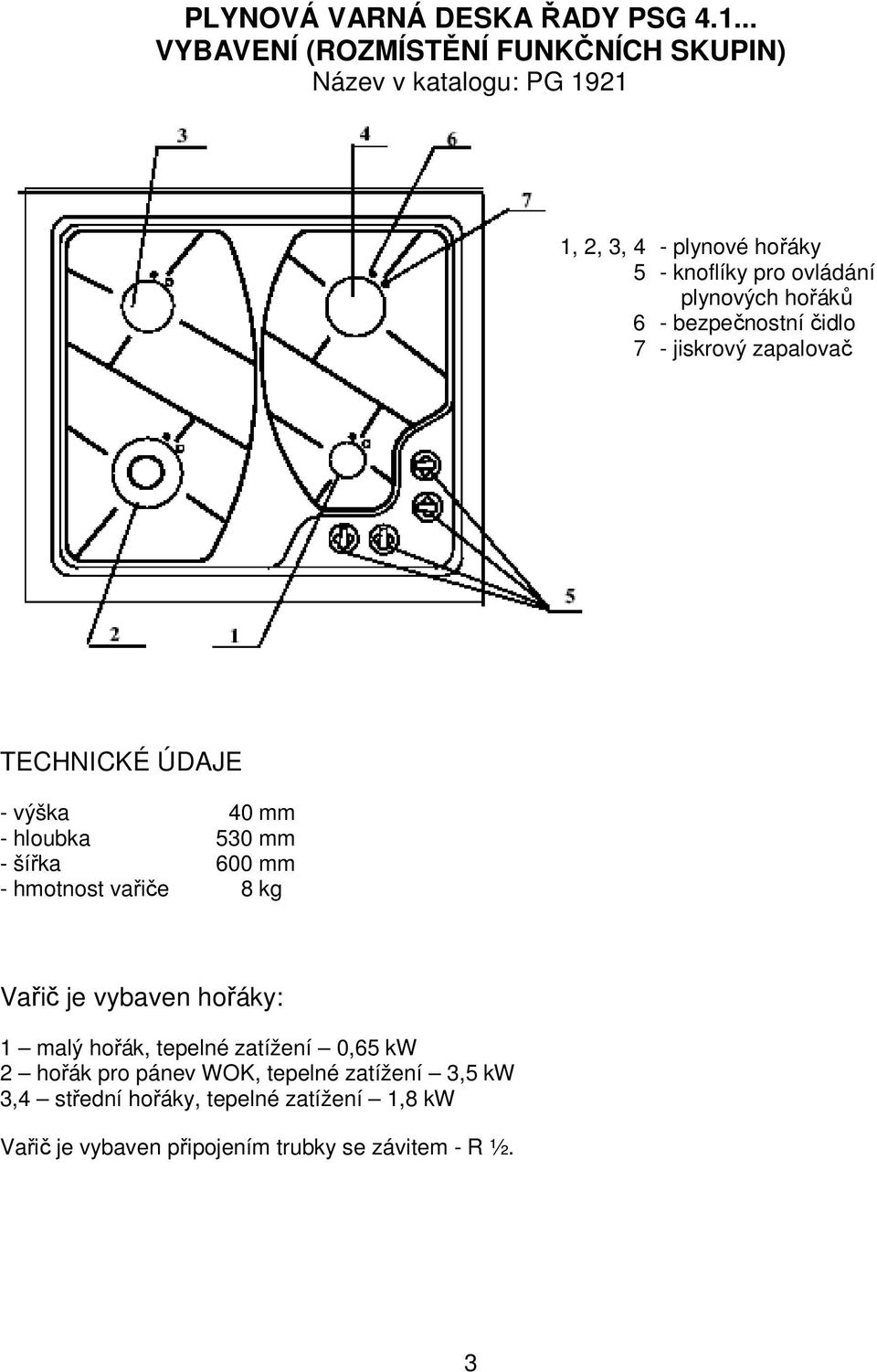 plynových hořáků 6 - bezpečnostní čidlo 7 - jiskrový zapalovač TECHNICKÉ ÚDAJE - výška 40 mm - hloubka 530 mm - šířka 600 mm -