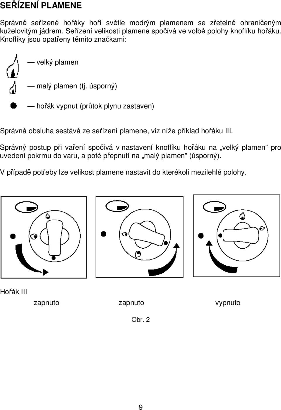úsporný) hořák vypnut (průtok plynu zastaven) Správná obsluha sestává ze seřízení plamene, viz níže příklad hořáku III.