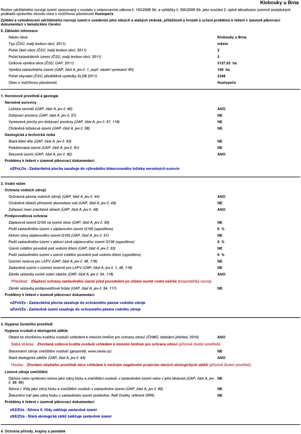 příležitostí a hrozeb a určení problémů k řešení v územně plánovací dokumentaci v tematickém členění 0.