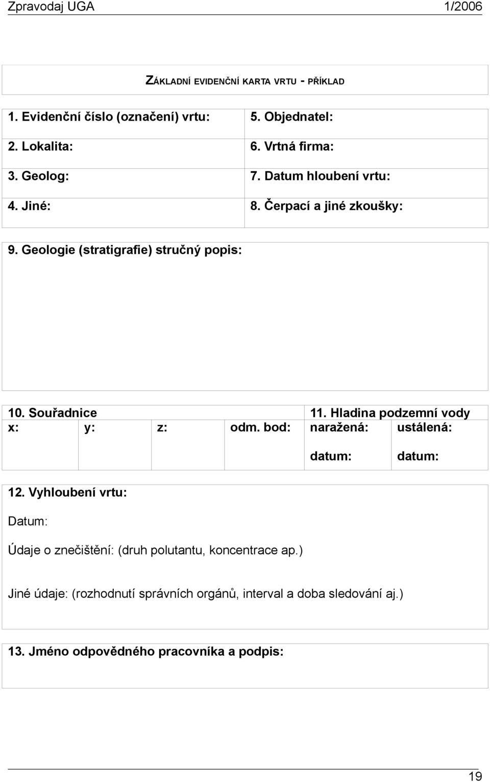 Souřadnice x: y: z: odm. bod: 11. Hladina podzemní vody naražená: ustálená: datum: datum: 12.