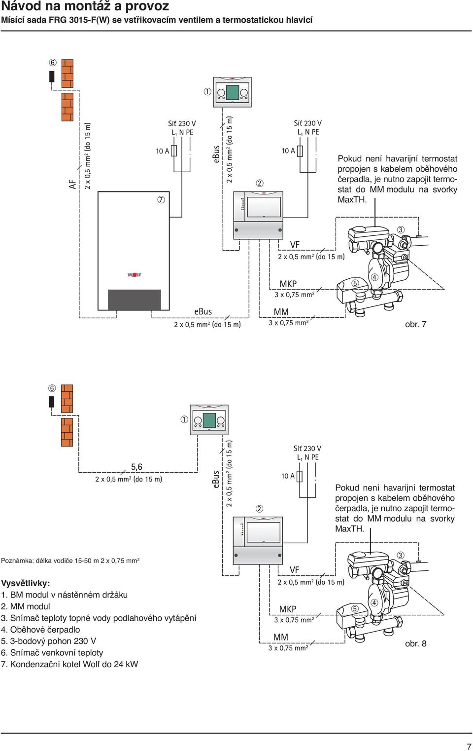 Poznámka: délka vodiče 15-50 m 2 x 0,75 mm 2 Vysvětlivky: 1. BM modul v nástěnném držáku 2. MM modul 3.