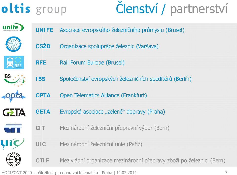 Evropská asociace zelené dopravy (Praha) CIT Mezinárodní železniční přepravní výbor (Bern) UIC Mezinárodní železniční unie (Paříž)