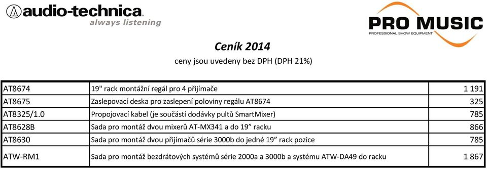 0 Propojovací kabel (je součástí dodávky pultů SmartMixer) 785 AT8628B Sada pro montáž dvou mixerů AT-MX341