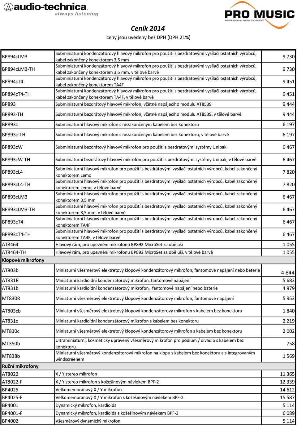 bezdrátovými vysílači ostatních výrobců, kabel zakončený konektorem TA4F 9 451 BP894cT4-TH Subminiaturní kondenzátorový hlavový mikrofon pro použití s bezdrátovými vysílači ostatních výrobců, kabel