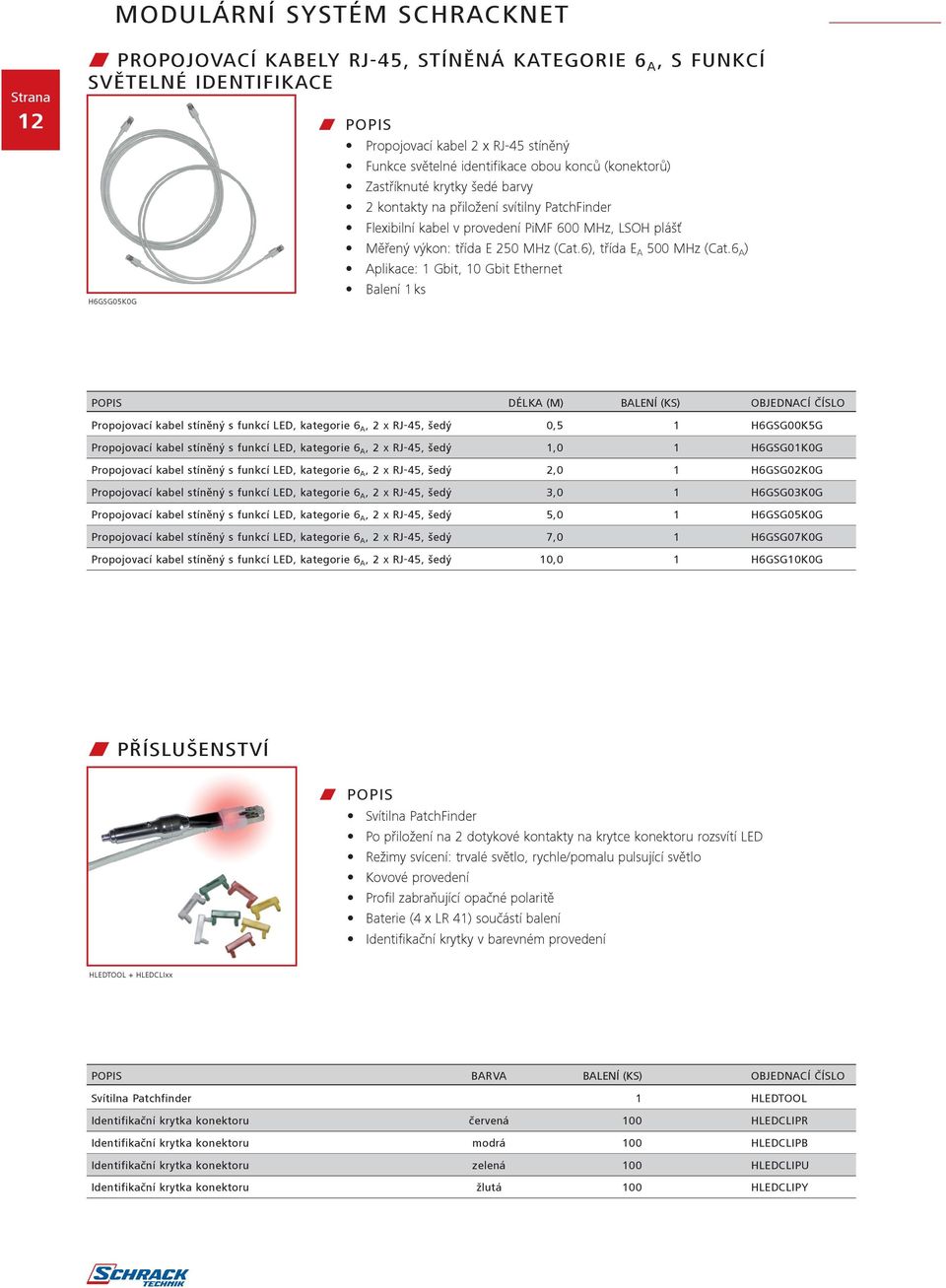 6 A ) Aplikace: 1 Gbit, 10 Gbit Ethernet Balení 1 ks popis délka (m) balení (ks) OBJEDNACÍ číslo Propojovací kabel stíněný s funkcí LED, kategorie 6 A, 2 x RJ-45, šedý 0,5 1 H6GSG00K5G Propojovací