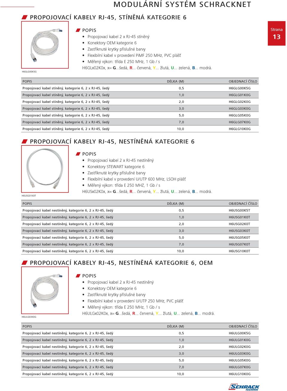 13 popis DÉLKA (m) OBJEDNACÍ ČÍSLO Propojovací kabel stíněný, kategorie 6, 2 x RJ-45, šedý 0,5 H6GLG00K5G Propojovací kabel stíněný, kategorie 6, 2 x RJ-45, šedý 1,0 H6GLG01K0G Propojovací kabel