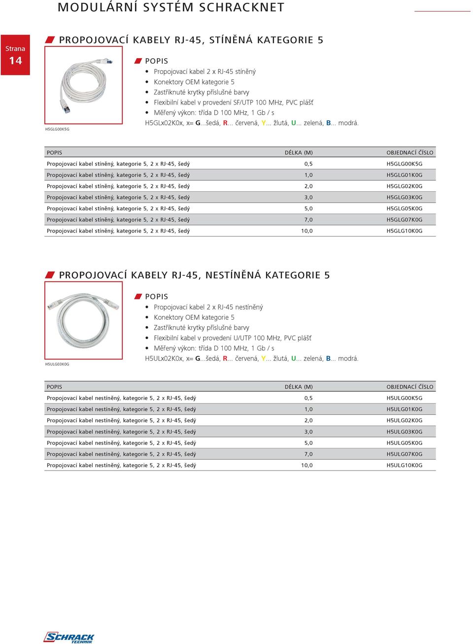 popis délka (m) OBJEDNACÍ číslo Propojovací kabel stíněný, kategorie 5, 2 x RJ-45, šedý 0,5 H5GLG00K5G Propojovací kabel stíněný, kategorie 5, 2 x RJ-45, šedý 1,0 H5GLG01K0G Propojovací kabel