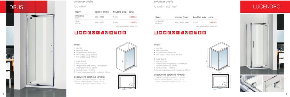 tolerance pro úpravy při instalaci až mm LOCARNO (s nízkým okrajem - cm) - str. 11 BERN (s nízkým okrajem - cm) - str. 11 76 pivotové dveře 0 x 0 x 0, vstup 760 mm 1. leštěný hliník.