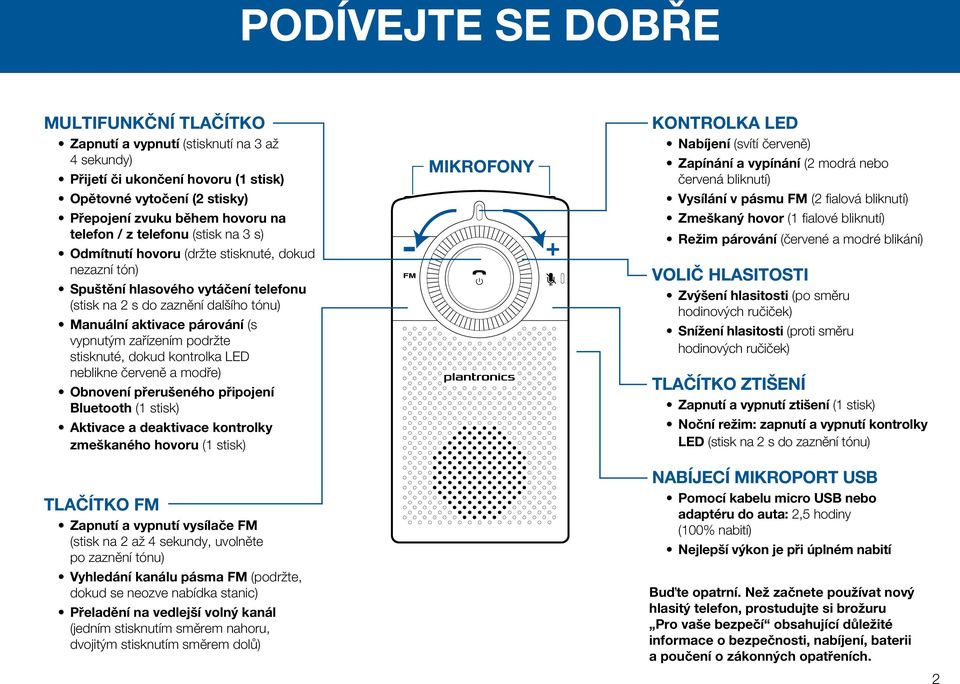 zařízením podržte stisknuté, dokud kontrolka LED neblikne červeně a modře) Obnovení přerušeného připojení Bluetooth (1 stisk) Aktivace a deaktivace kontrolky zmeškaného hovoru (1 stisk) MIKROFONY - +